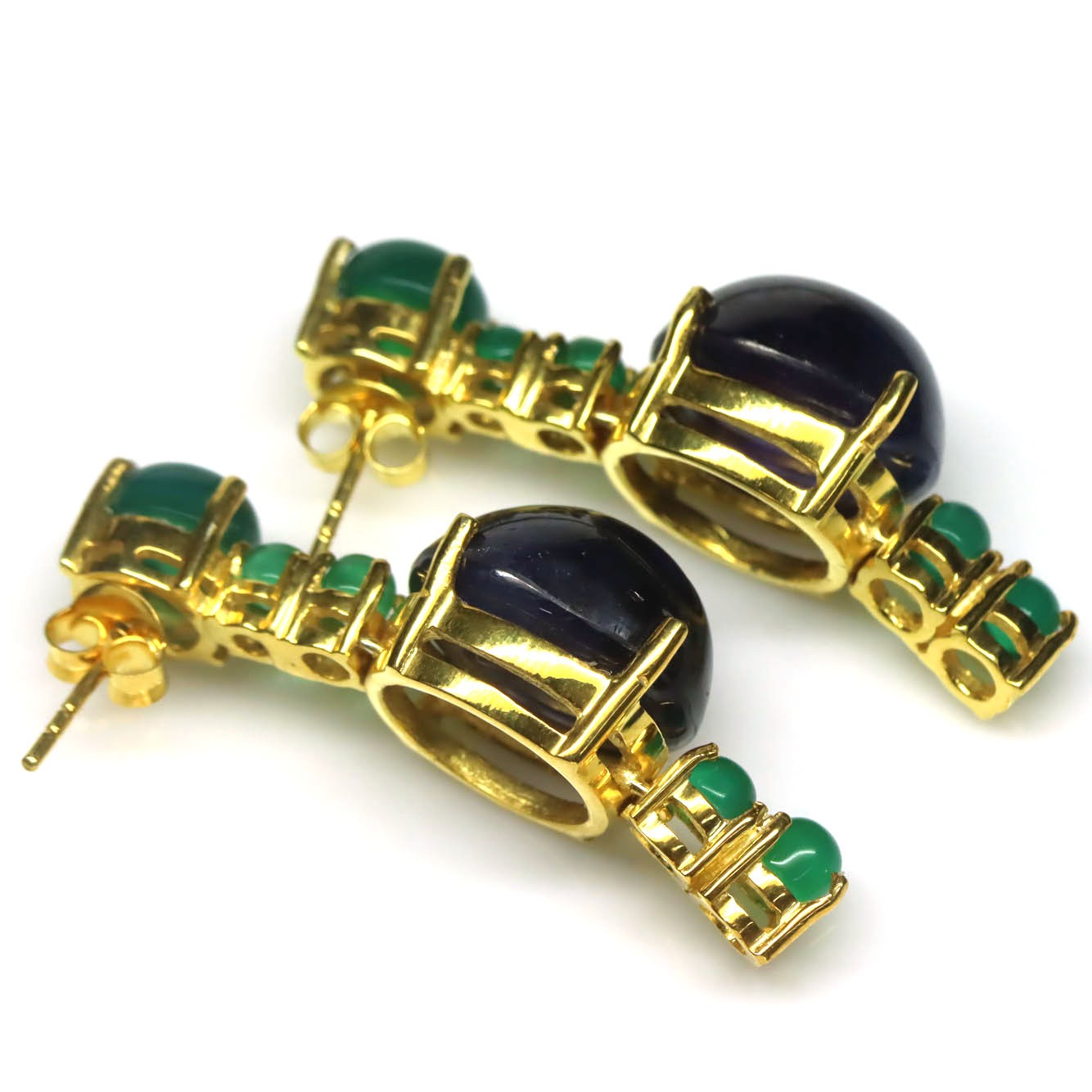 925 Sterling Silver 14 x 15 mm. Blue Sapphire & Green Agate Jewelry Earrings