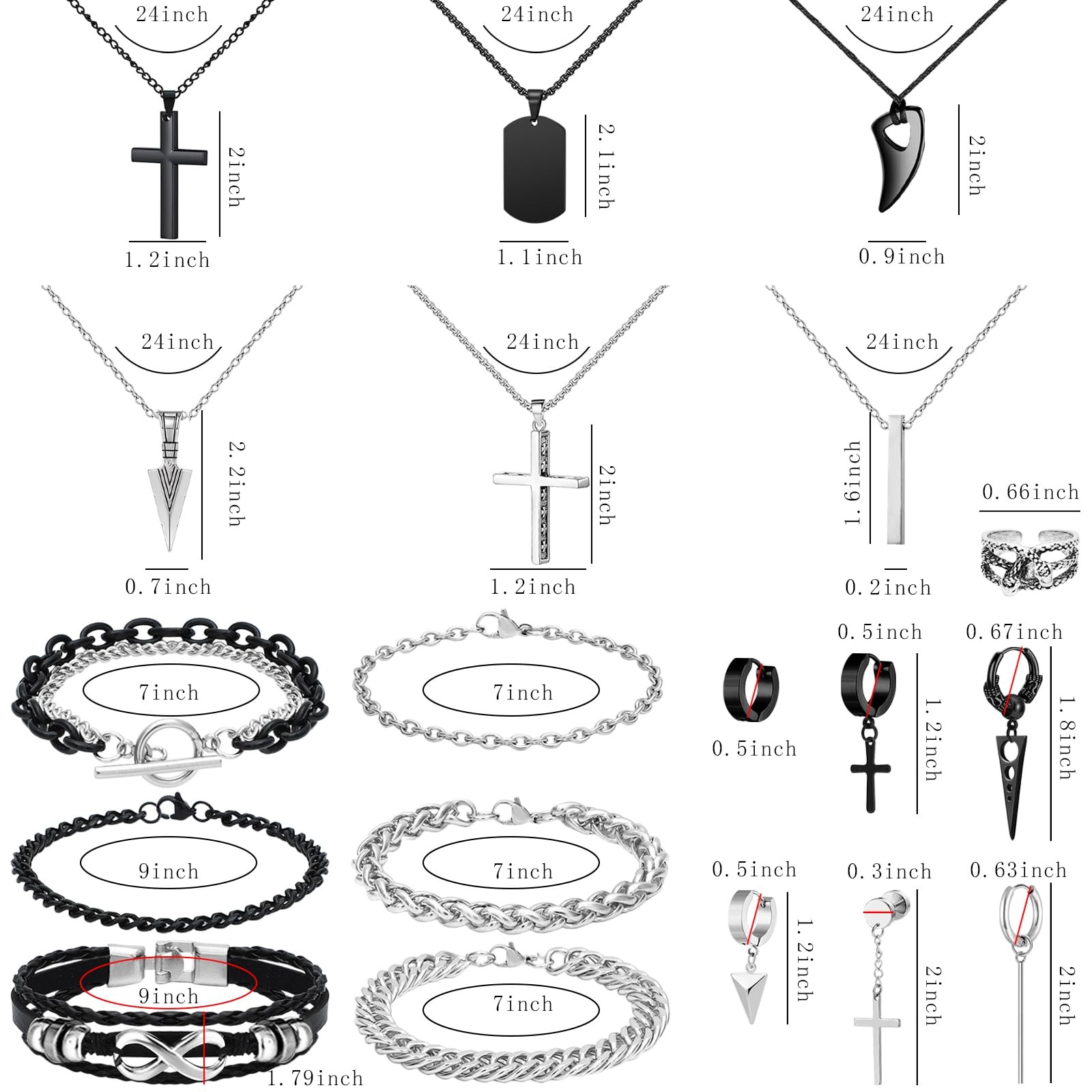 NEWITIN 31 Pieces Stainless Steel Adjustable, Black Silver Jewelry Set