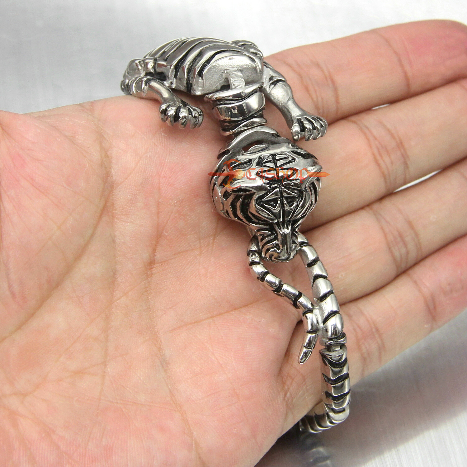 Men Boy Heavy Silver Tiger Stainless Steel Cuff Bangle Bracelet 36mm Wide Heavy