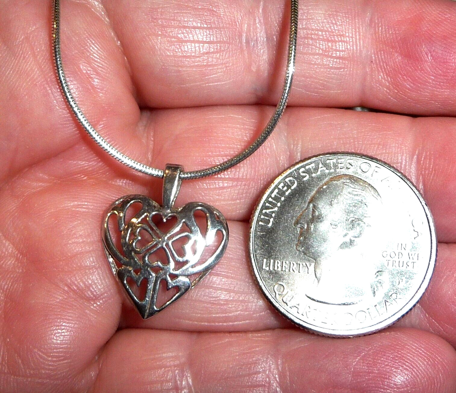 925 Sterling Silver Openwork Hearts 5/8″ Pendant, 18″ Italy Snake Chain, 5.3 g