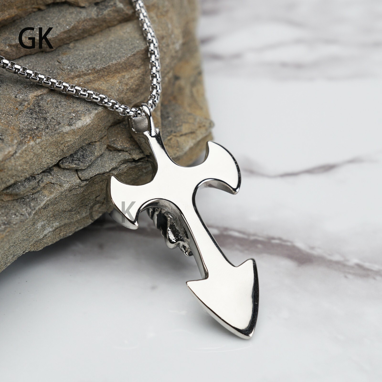 GK Punk Biker Stainless Steel Nautical Skull Cross Pirate Pendant Necklace Chain