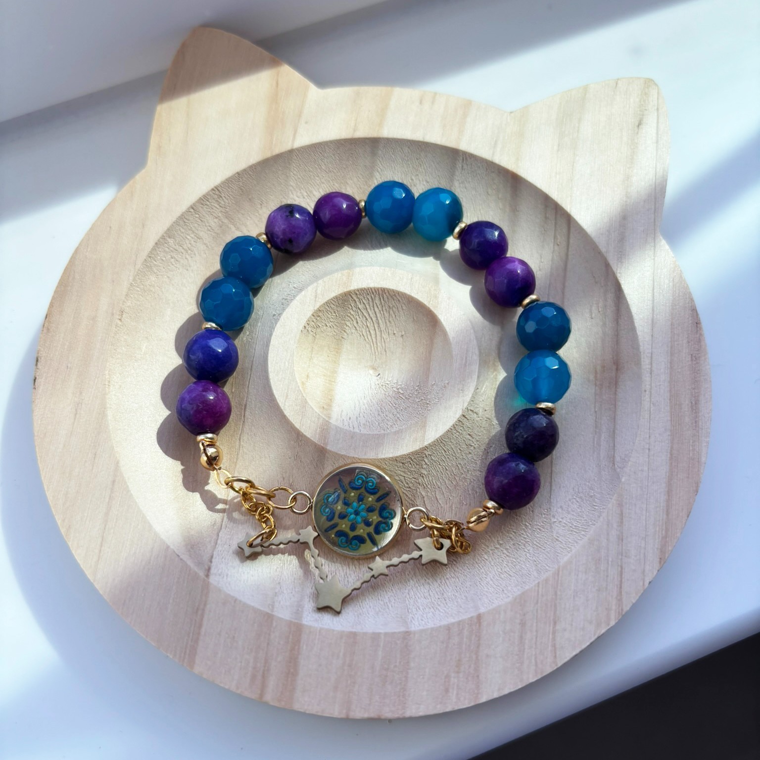 Little Cosmos Jewelry Set, Purple & Sky Blue Line Agate Bracelet and Earrings