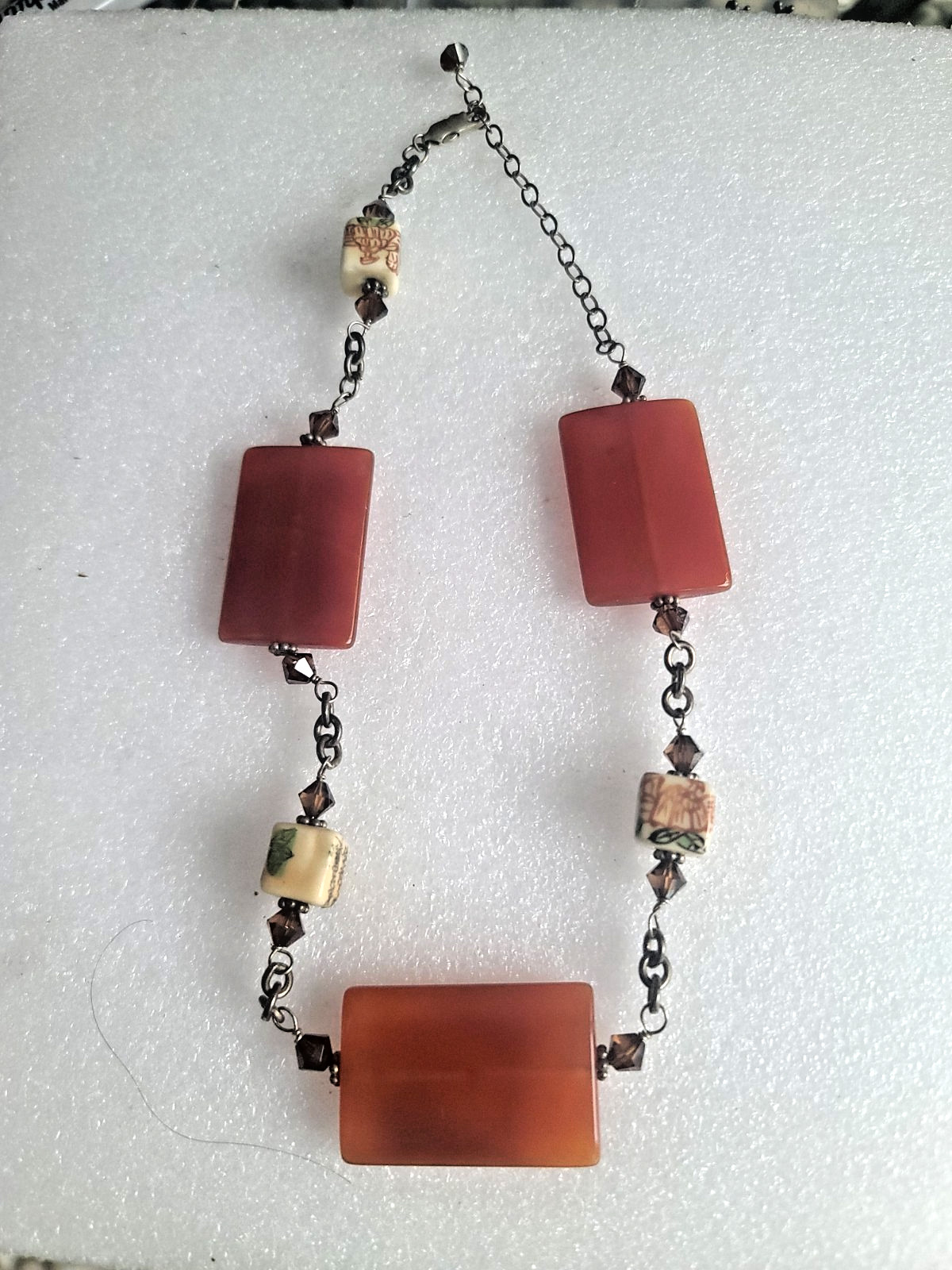 Adj 17-14″ Sterling Silver Flat Carnelian & Chinese Motif Vintage Bead Necklace