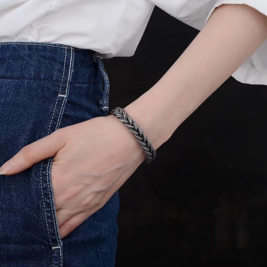 Pure S925 Sterling Silver Bracelet Women Men Vintage 10mm Bradiad Wheat Chain