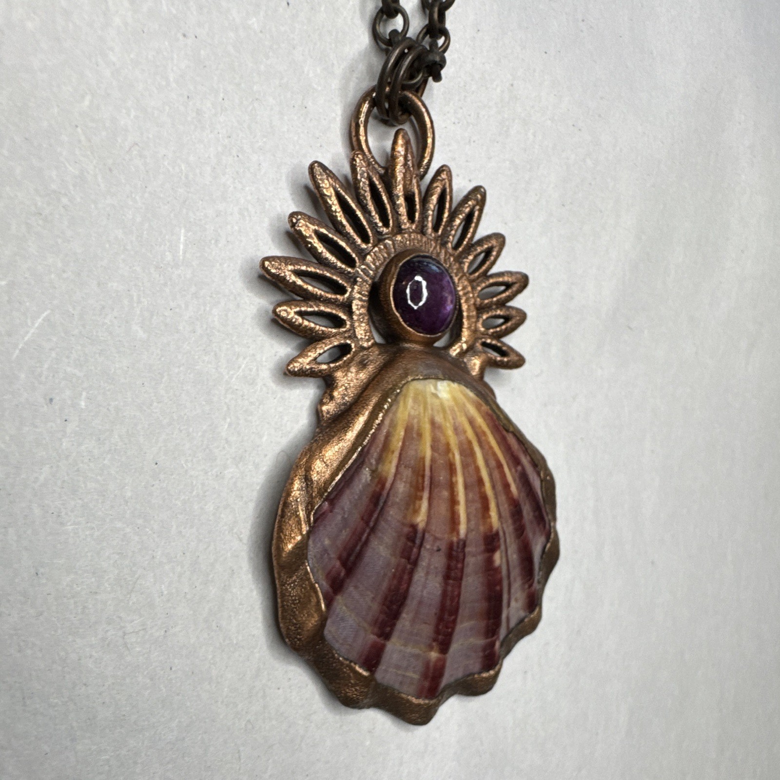 Scallop Shell Charm Pendant Necklace, burgundy Crystal Cabochon, Bronze Tone