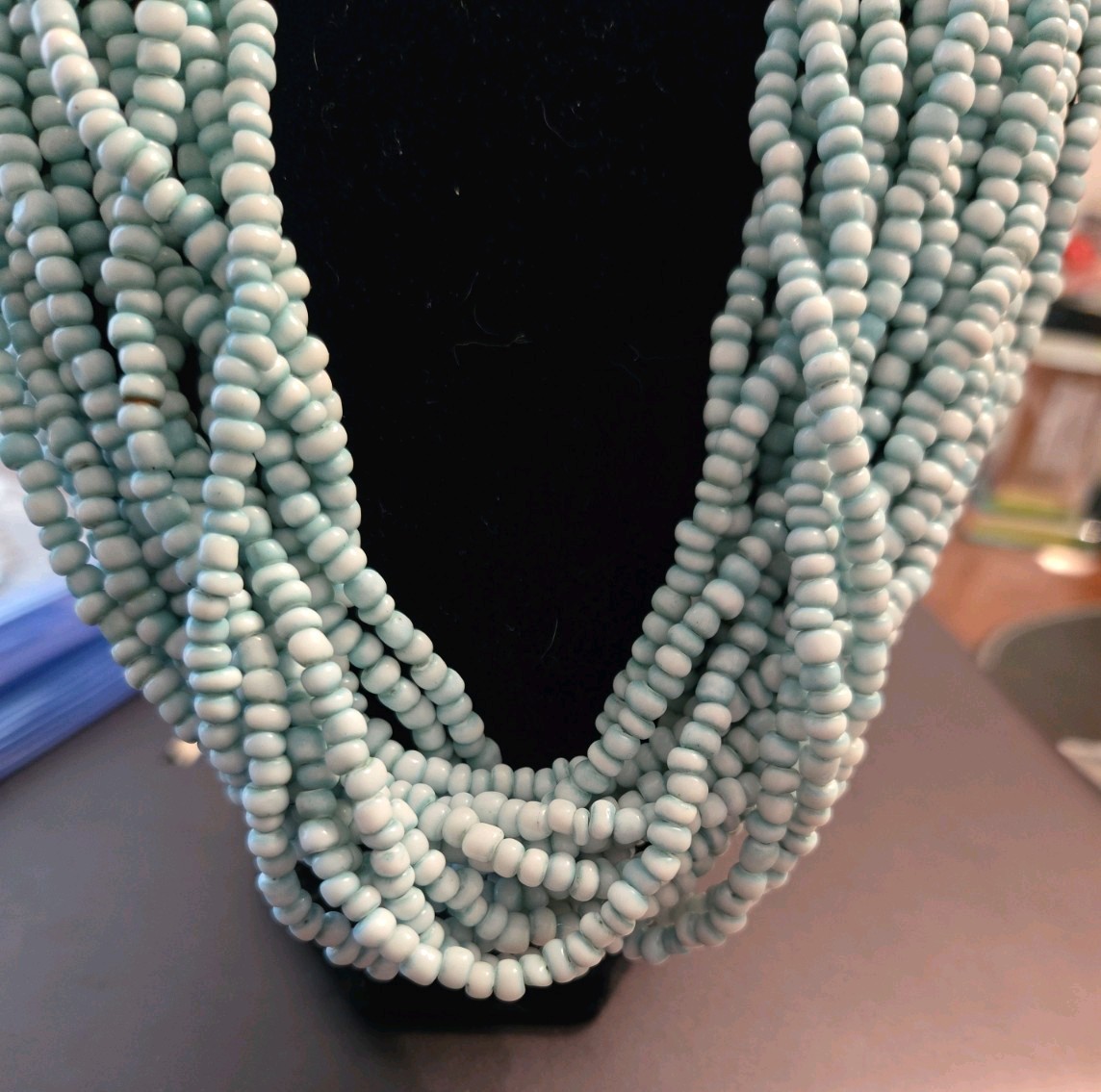 Vintage Multi Strand Light Blue Waterfall Seed Bead Statement Necklace