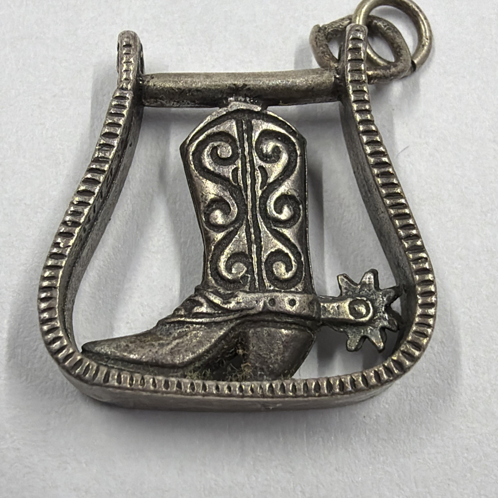 3D Cowboy Boot With Spur In Horse Stirrup Sterling 925 Pendant Charm 4.5G 0.8in