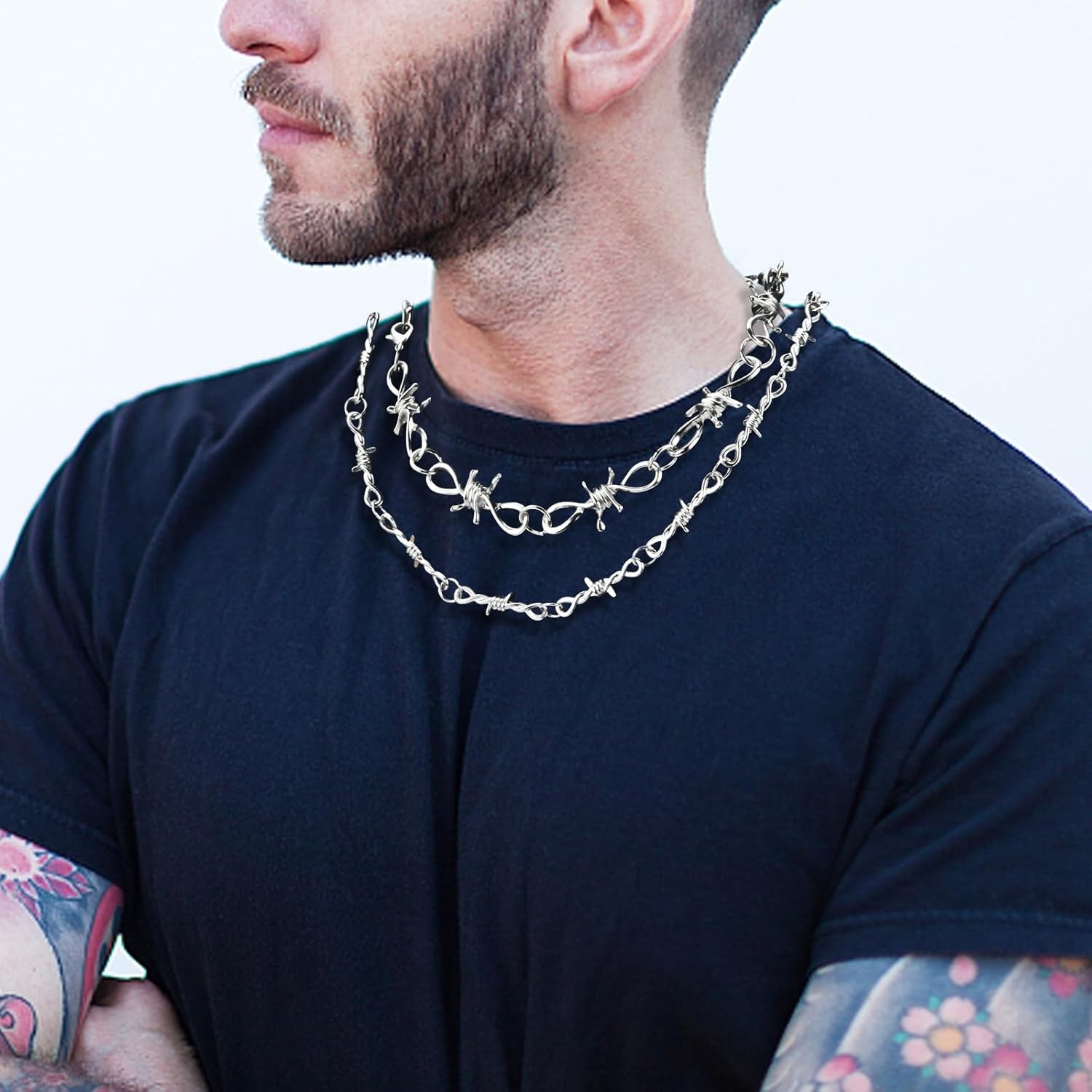 Punk Gothic Barbed Wire Chain Necklace Bracelet – Silver Jewel for Men & Women