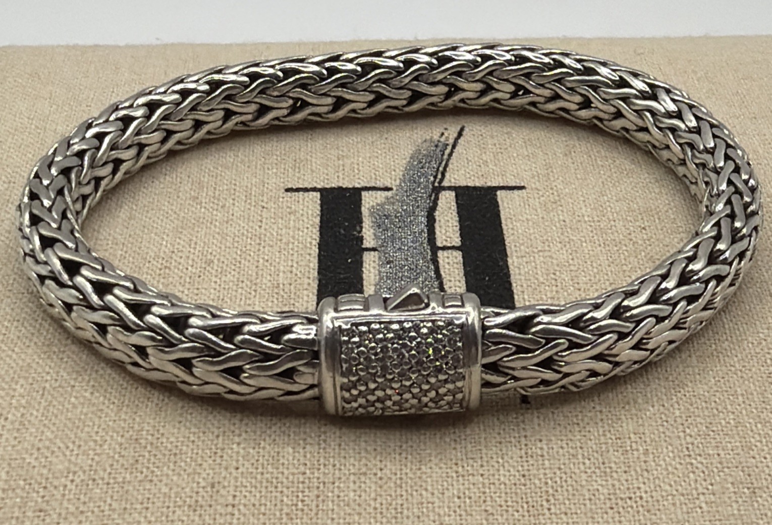 John Hardy Sterling Silver & 18k Classic Chain Icon Diamond Bracelet 7 5/8” 7mm