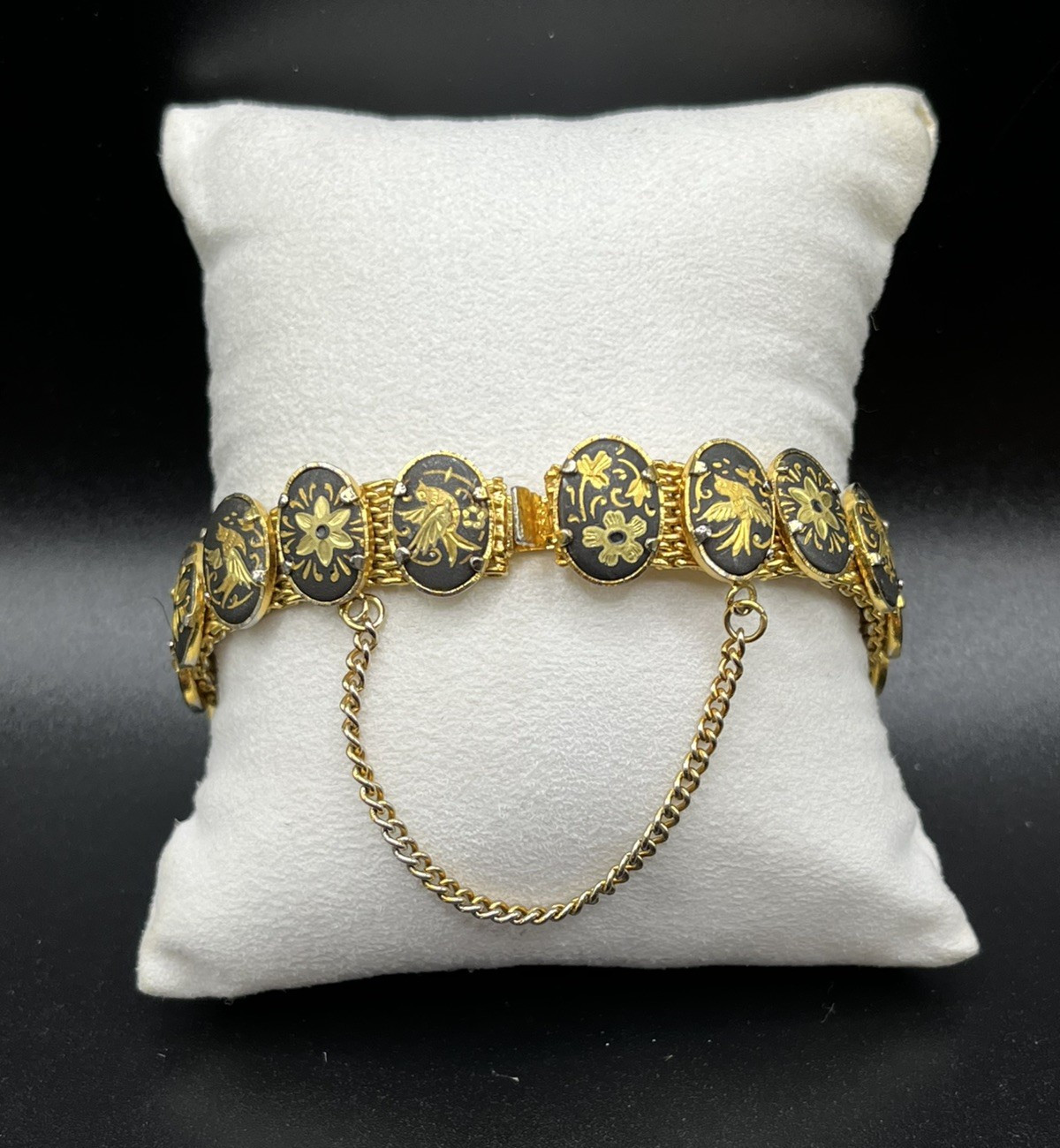 Vintage damascene Oval Panel Mesh Back Bird & Flower Bracelet