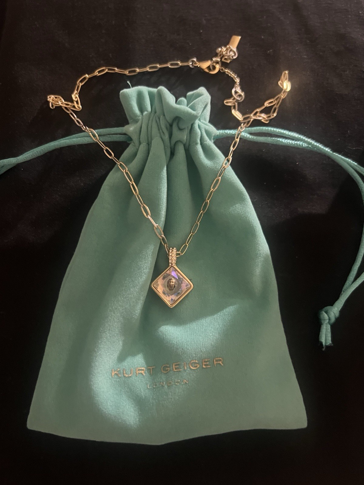 Kurt Geiger Gold Necklace with Iridescent Crystal Diamond Pendant