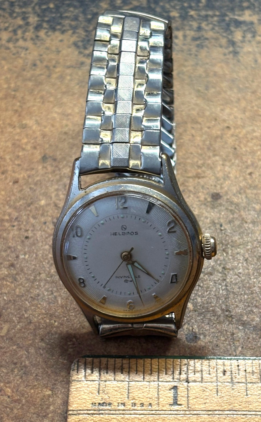 Vintage HELBROS INVINCIBLE gold mens Mechanical Windup WATCH 1950s 1960s WORKING