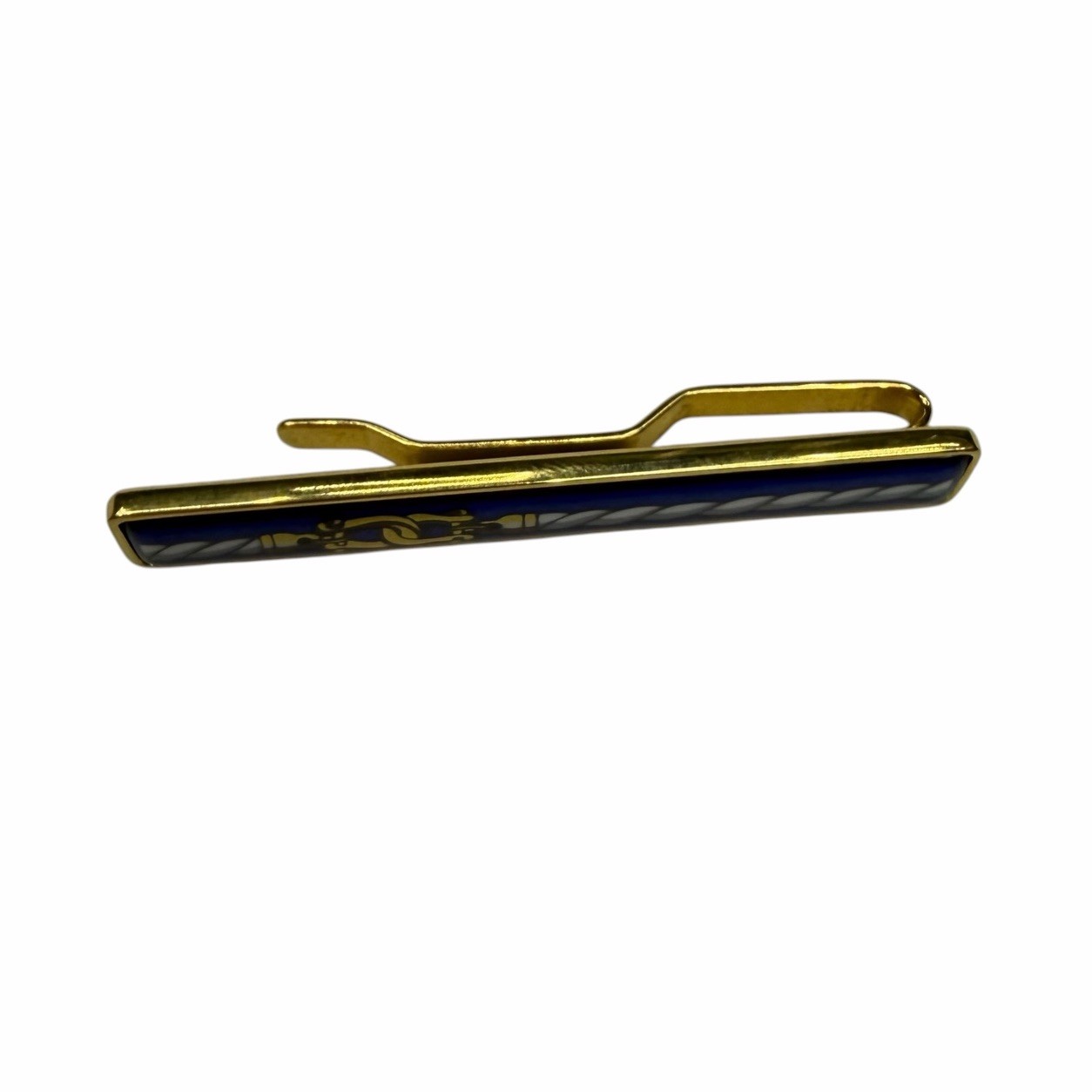 Hermes Men’s Authentic Tie Clip Bar Gold Plated Blue Enamel Cloisonné euc