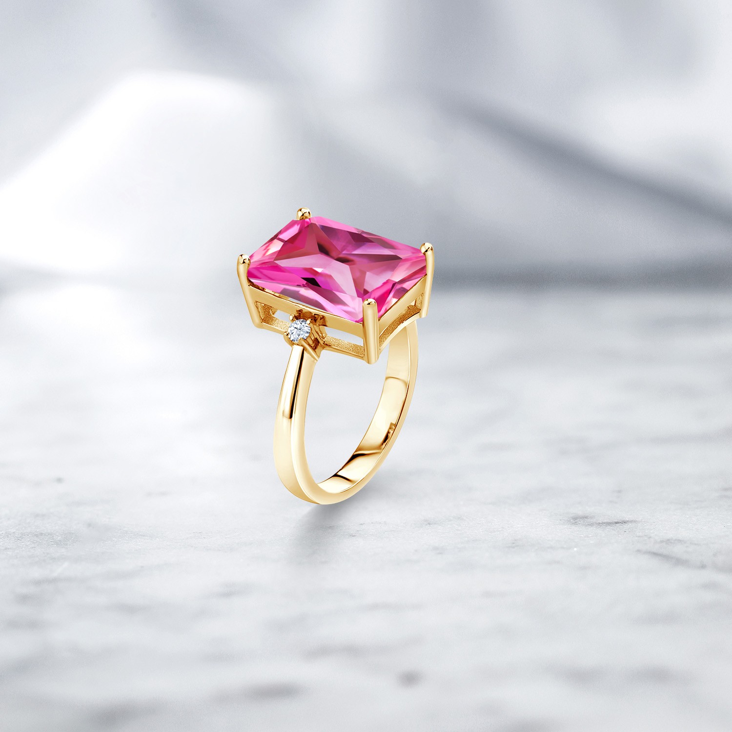 18K Yellow Gold Plated Silver Pink Created Sapphire Ring For Women (10.06 Cttw,