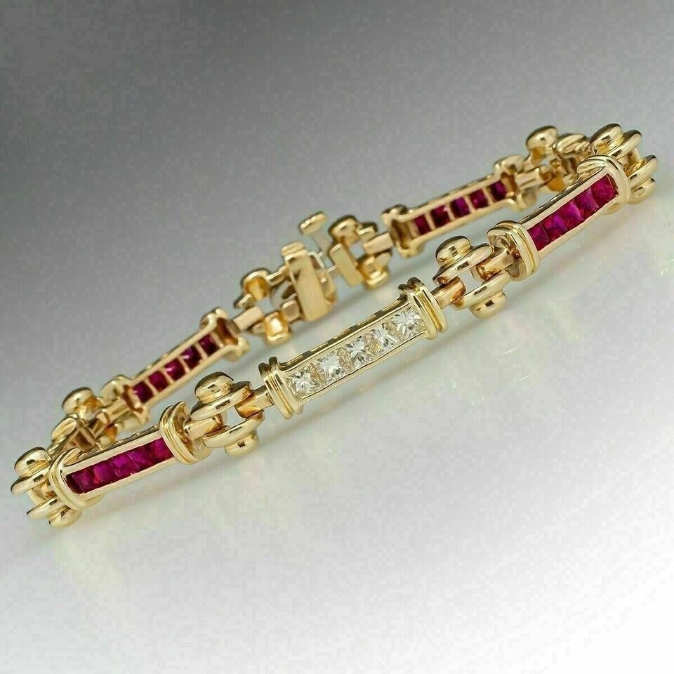 7.69Ct Princess Cut Simulated Ruby Unique Tennis Bracelet 14K Yellow Gold Plated