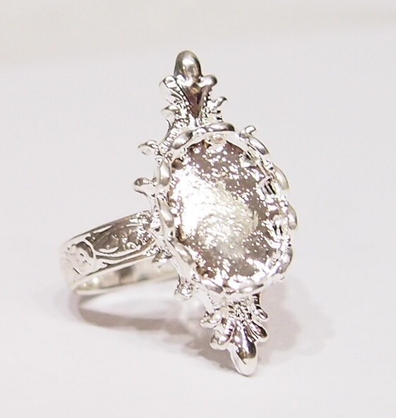 6 – 14x10mm Shiny Silver Victorian Deco Lefleur Design Adjustable Ring Settings