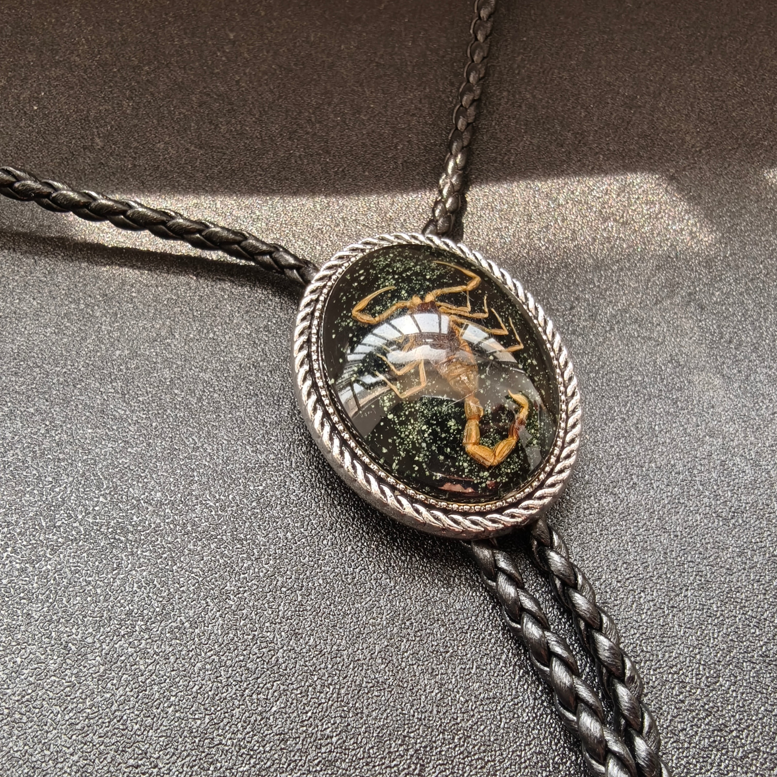 Black Scorpion Bolo Tie – Faux Leather Western Gothic Wedding Necklace Necktie