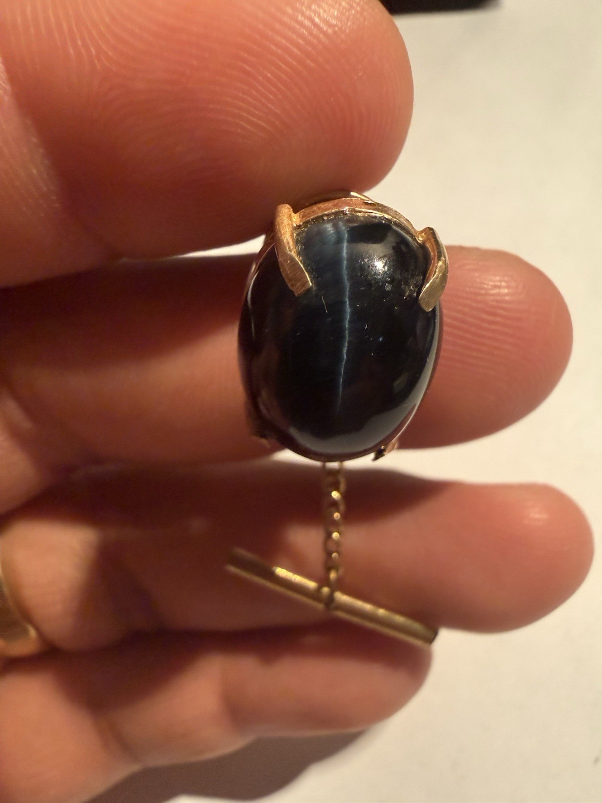 Men’s 1/5 10k Yellow Gold Tie Tack w/ Chain, Oval Black stars sapphire