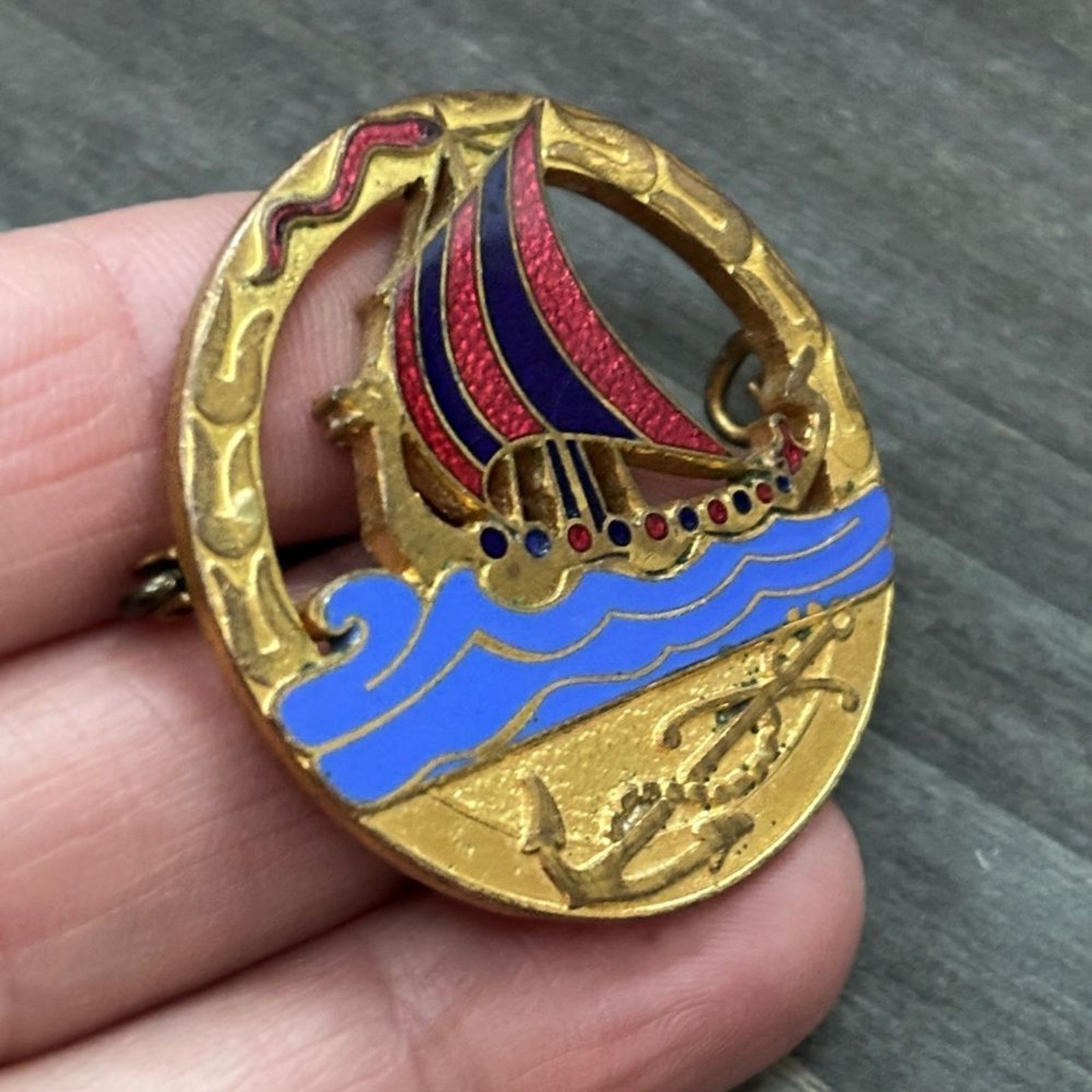 Vintage Lagerströms Mjölby Viking Ship Brooch with Pink and Blue Accents