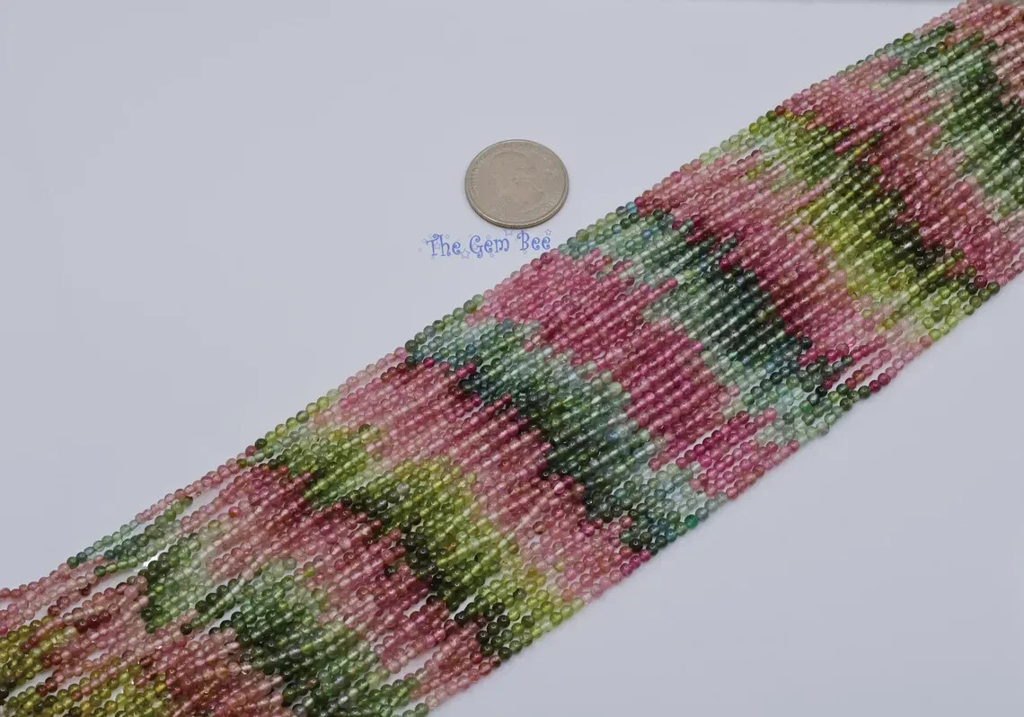 Old Stock 3mm Pink Green Blue Tourmaline Smooth Round Sphere Bead 14.5″ strand