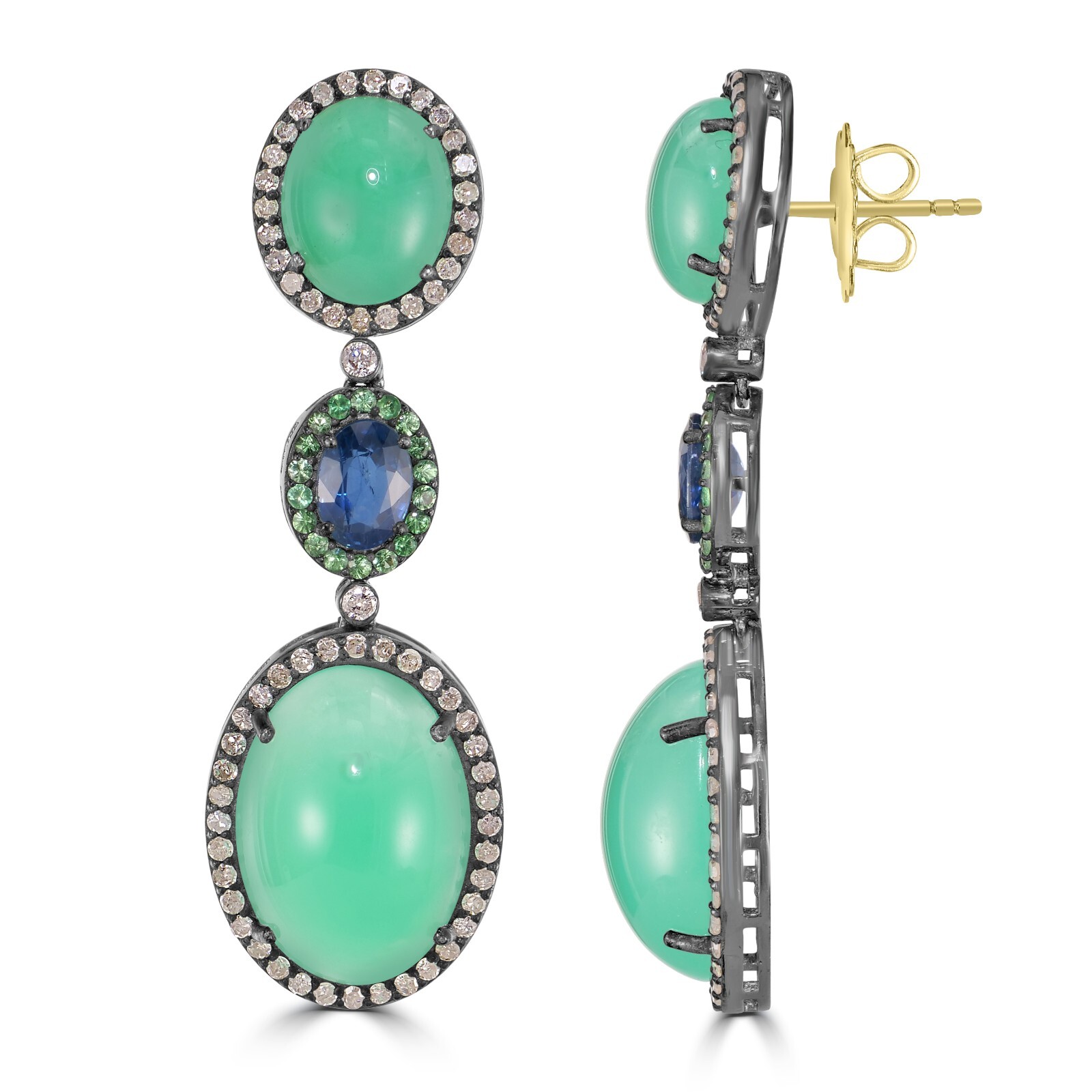 Victorian 31.35 Cttw. Chrysoprase, Blue Sapphire, Tsavorite and Diamond Earrings