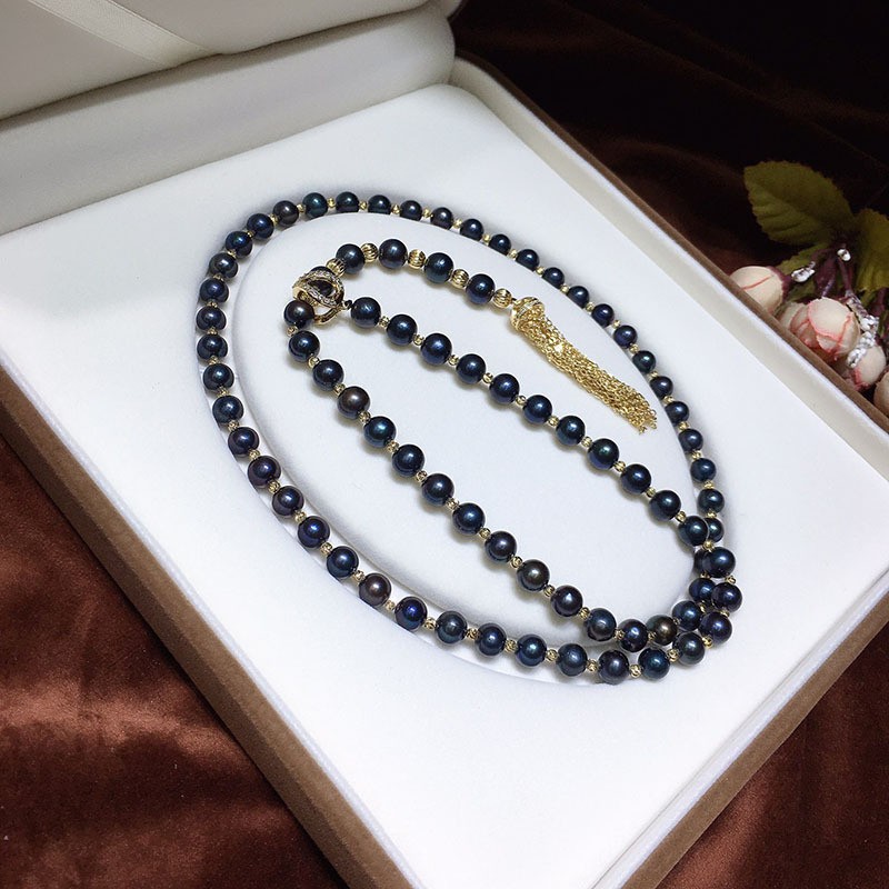 Black long 10-11mm cultured freshwater Pearl Necklace Waist chain