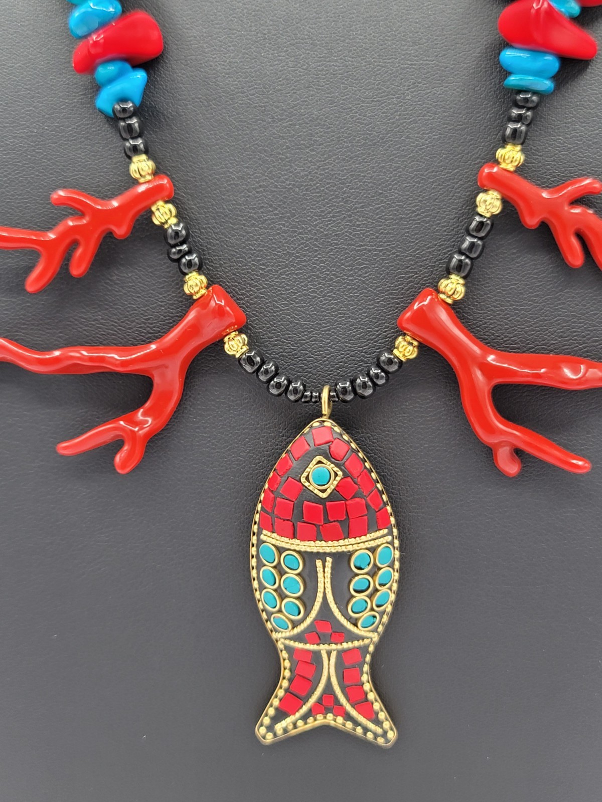 Red Turquoise Black Gold Beaded Necklace Fish Charm Pendant Lobster Clasp