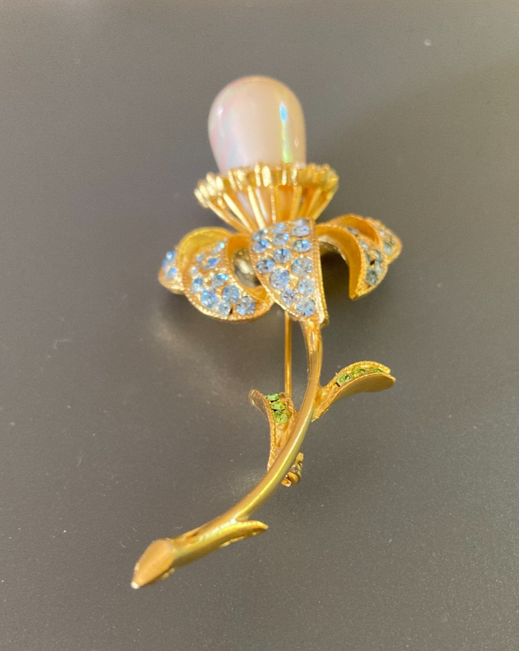 Vintage Ivana Trump Iris Flower Iridescent Faux Pearl Rhinestone GoldTone Brooch