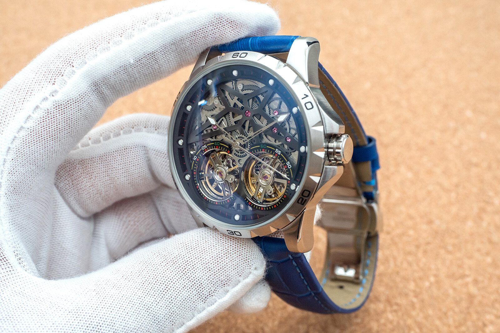 Mens Silver Double Flywheel Skeleton Automatic Mechanical Watch Blue Leather