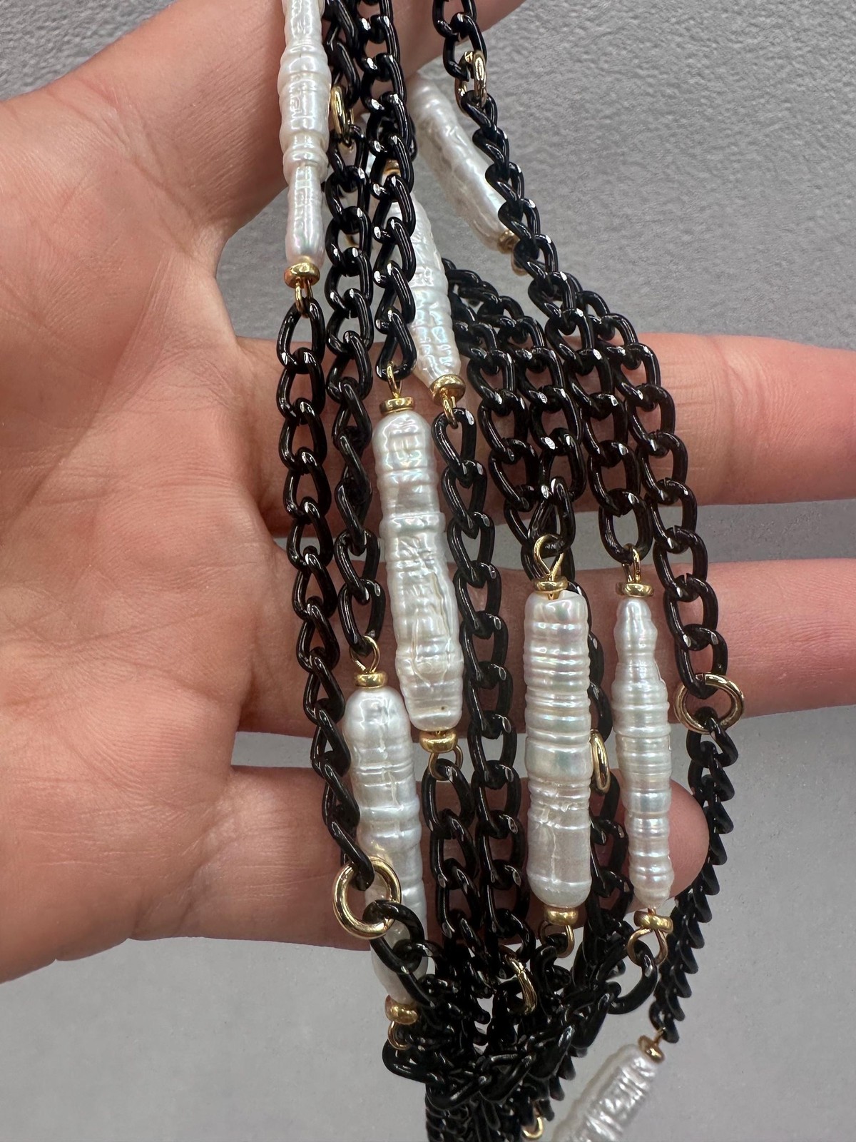 50 Inch White Biwa Pearl Black Chain Necklace Gold Plated Long Layering Jewelry
