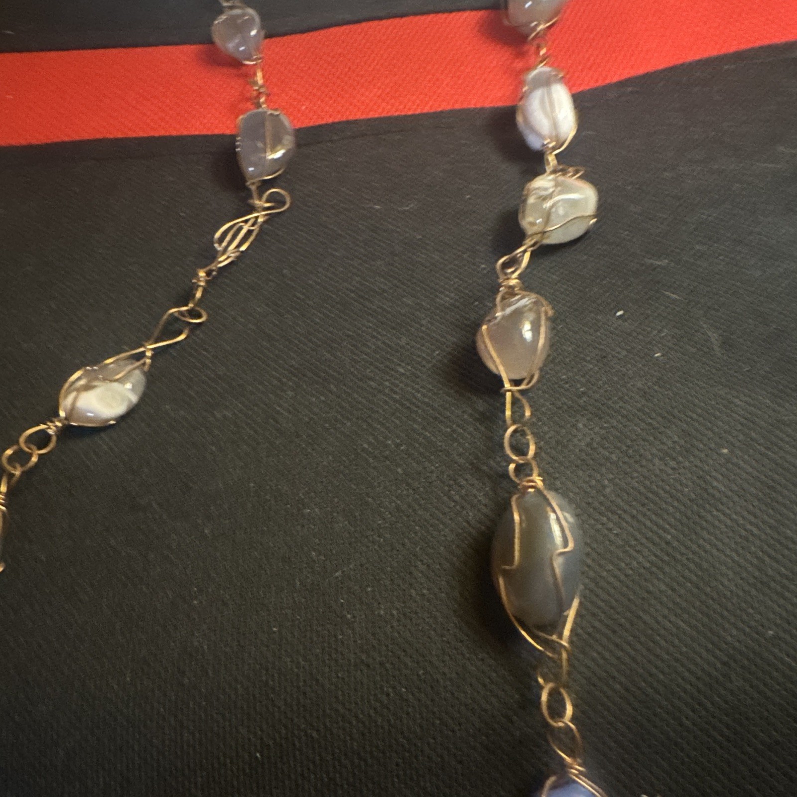Gold Tone Cable Chain Wire Wrap Beaded Necklace Purple Gray Oval Stones