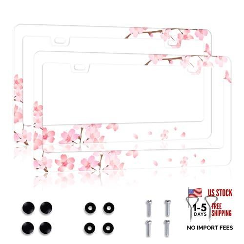 Cherry Blossom License Plate Frame for Women 2 Pack Cute Flower License White
