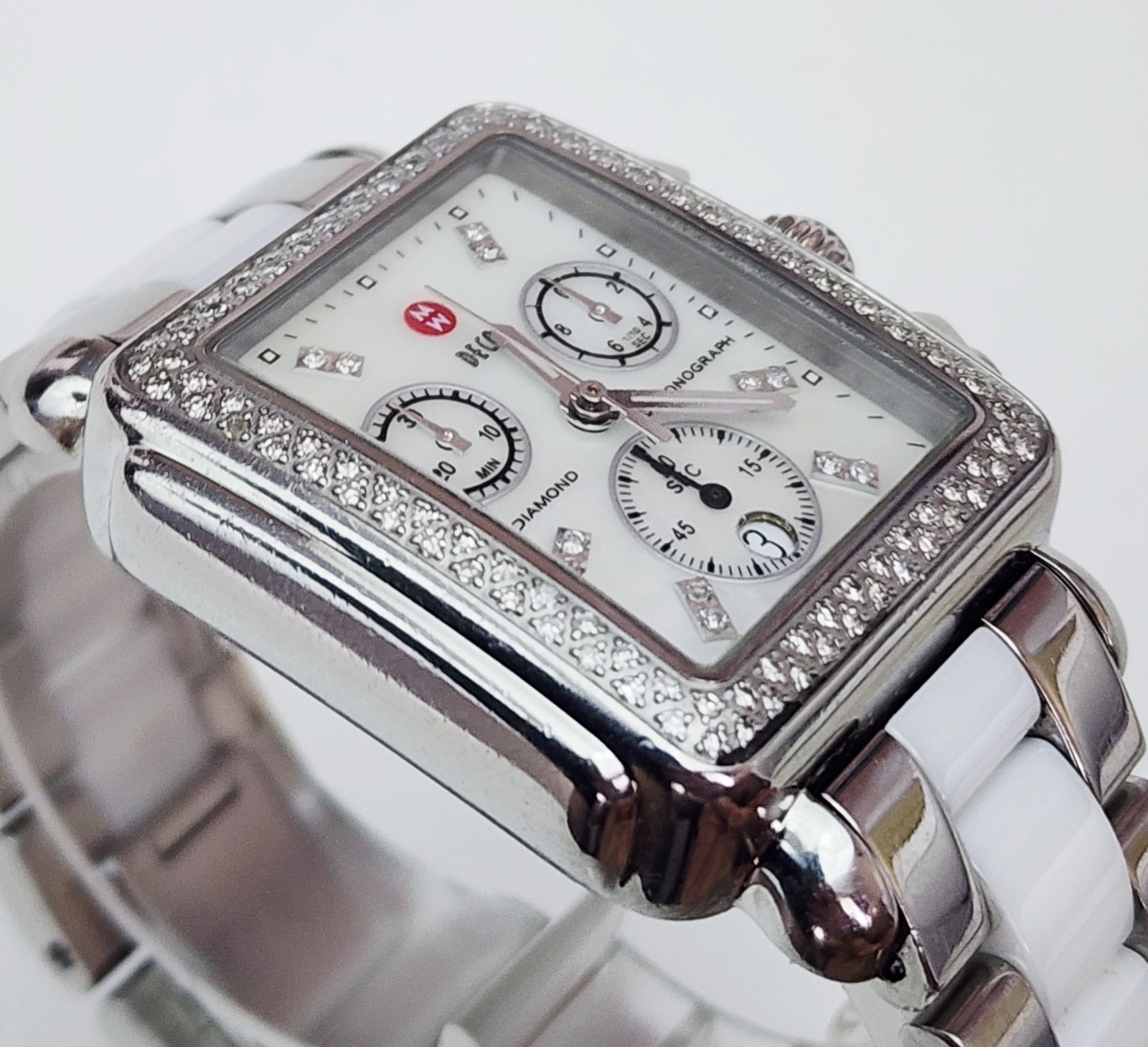Women’s CHRONOGRAPH Watch MICHELE “Deco” MW06A01A1046. Diamonds Bezel. MOP Dial
