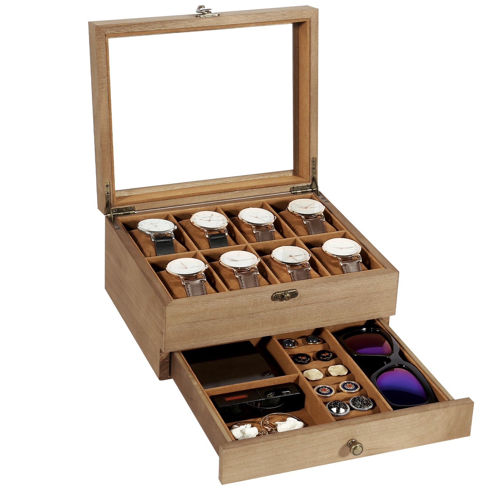 2-Tier Watch Box 8-Slot Display Case W/ Glass Lid, Removable Pillows & Gift Idea