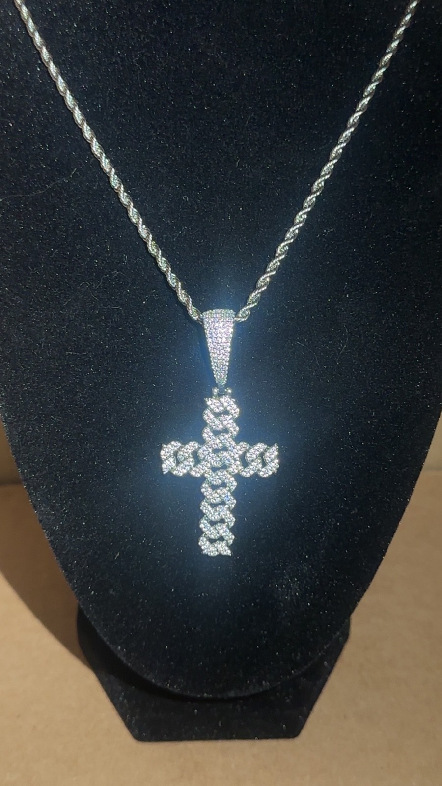 Cuban Style cross white gold plated stainless cubic with 24 inch rope chain