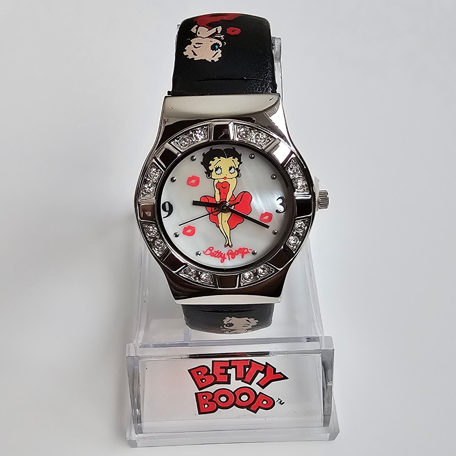 NOS Betty Boop “Marilyn Monroe” Crystal MOP Dial Black Leather Watch New Battery