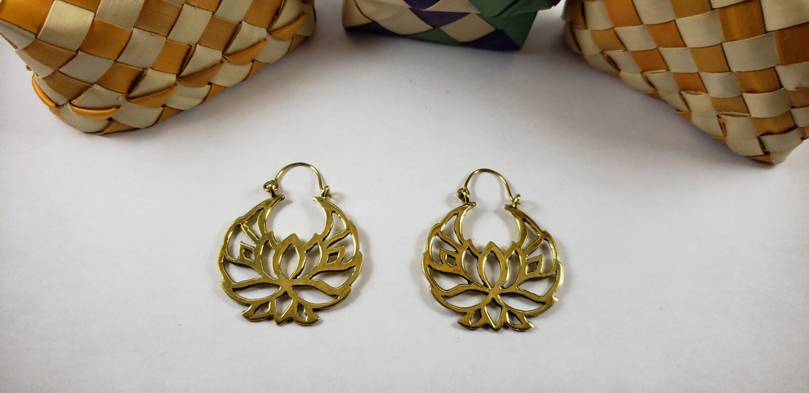 Handmade Southeast Asia Cambodia Ethnic Lotus Flower Hinged Earrings Jewelry