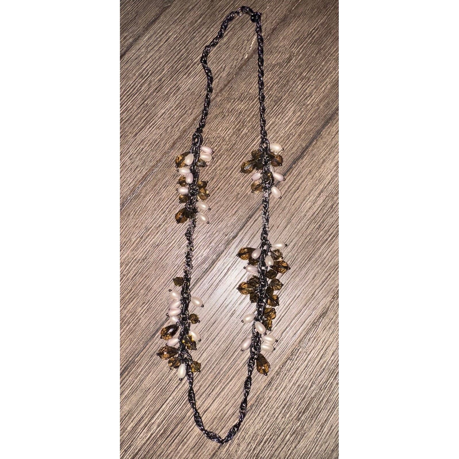 Talbots Necklace Beaded Pearl Amber Crystals Gunmetal Chain Statement