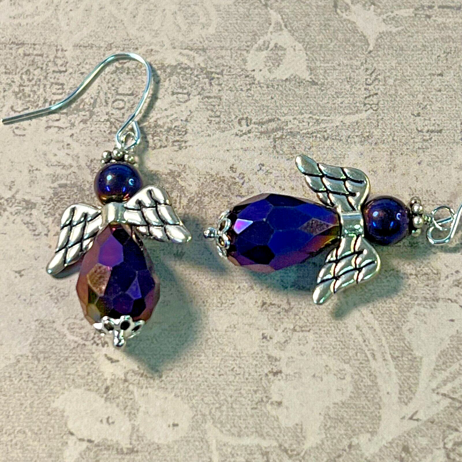 Silver Tone Iridescent Purple Etched Angels Charms Dangle Earrings. Heaven. S497