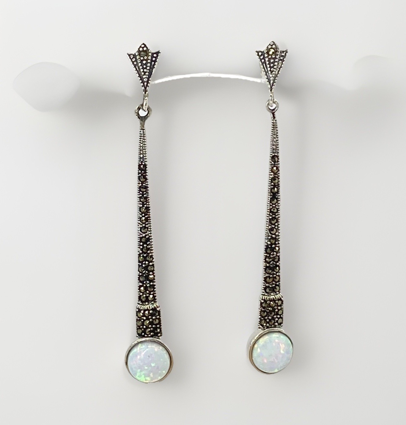 Opal Earring Studs 925 Sterling Silver Long Drop Marcasite Accents 6.2cm New