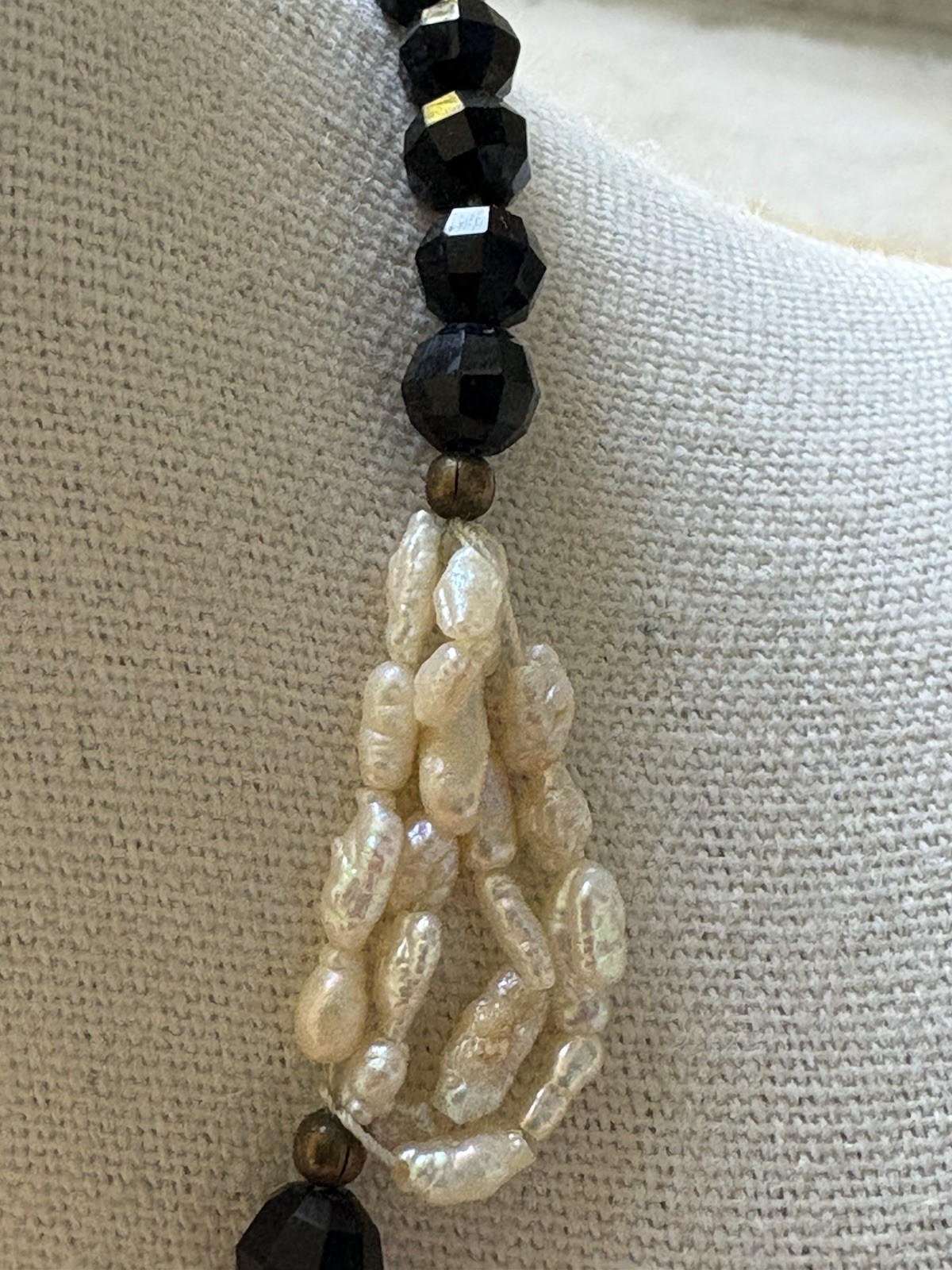 Vintage Mid-20th Century Faceted Black Onyx & Baroque Freshwater Pearl Necklace