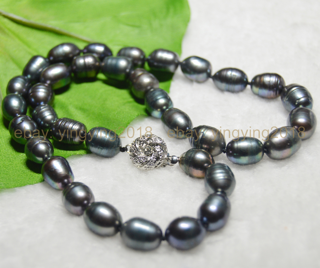Long 20 inches NATURAL 10-11MM RICE BAROQUE BLACK FRESHWATER PEARL NECKLACES