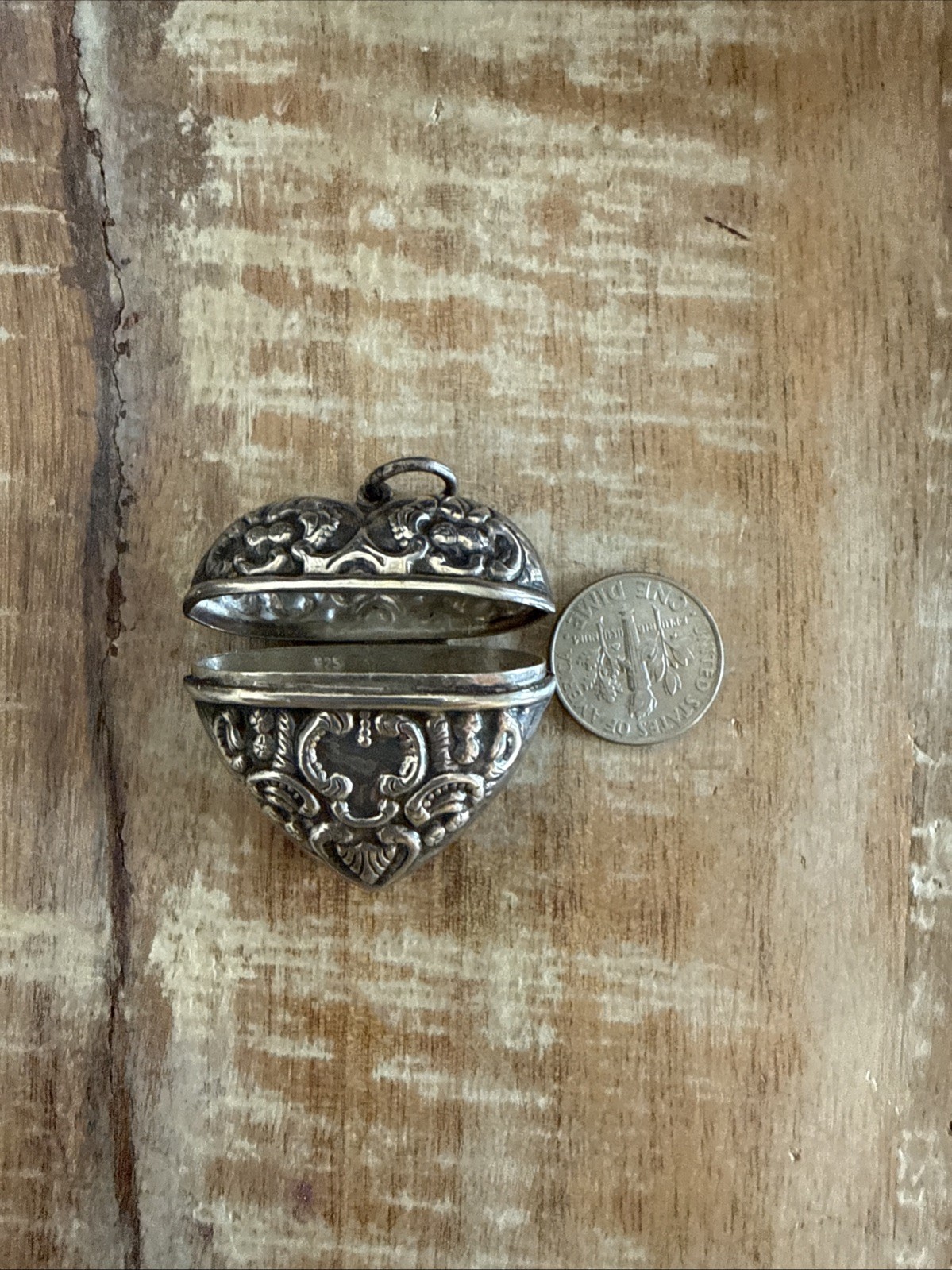 Sterling Silver Large Hinged Heart Repousse Vintage Pill Pendant Antique