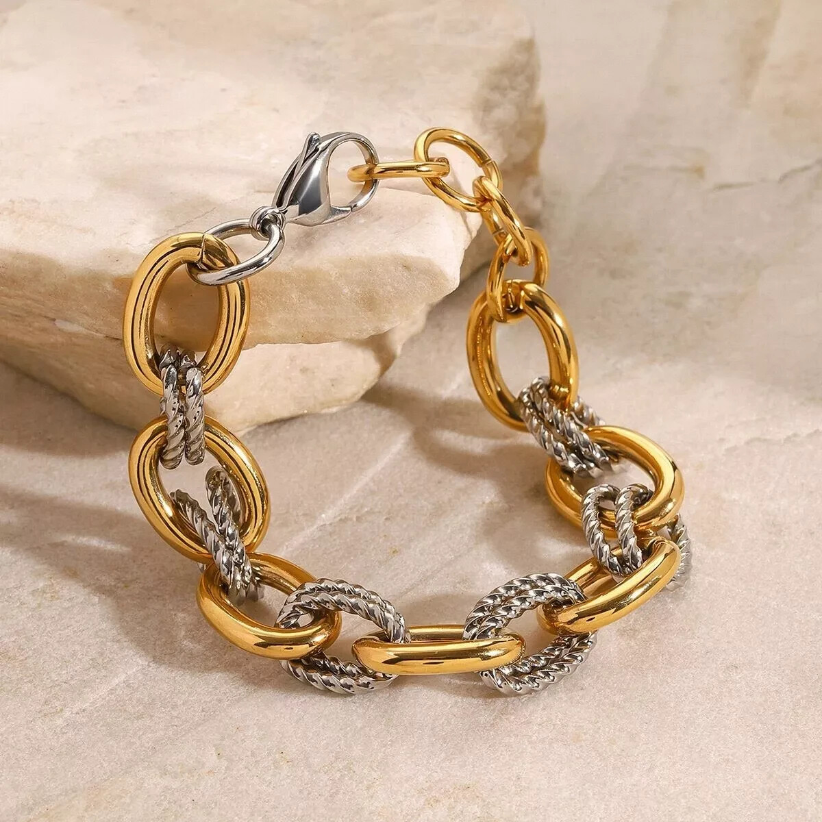 Woman 18K Gold Plated Silver and Gold Rolo Link Chain Bracelet Bangle 9 in/23cm