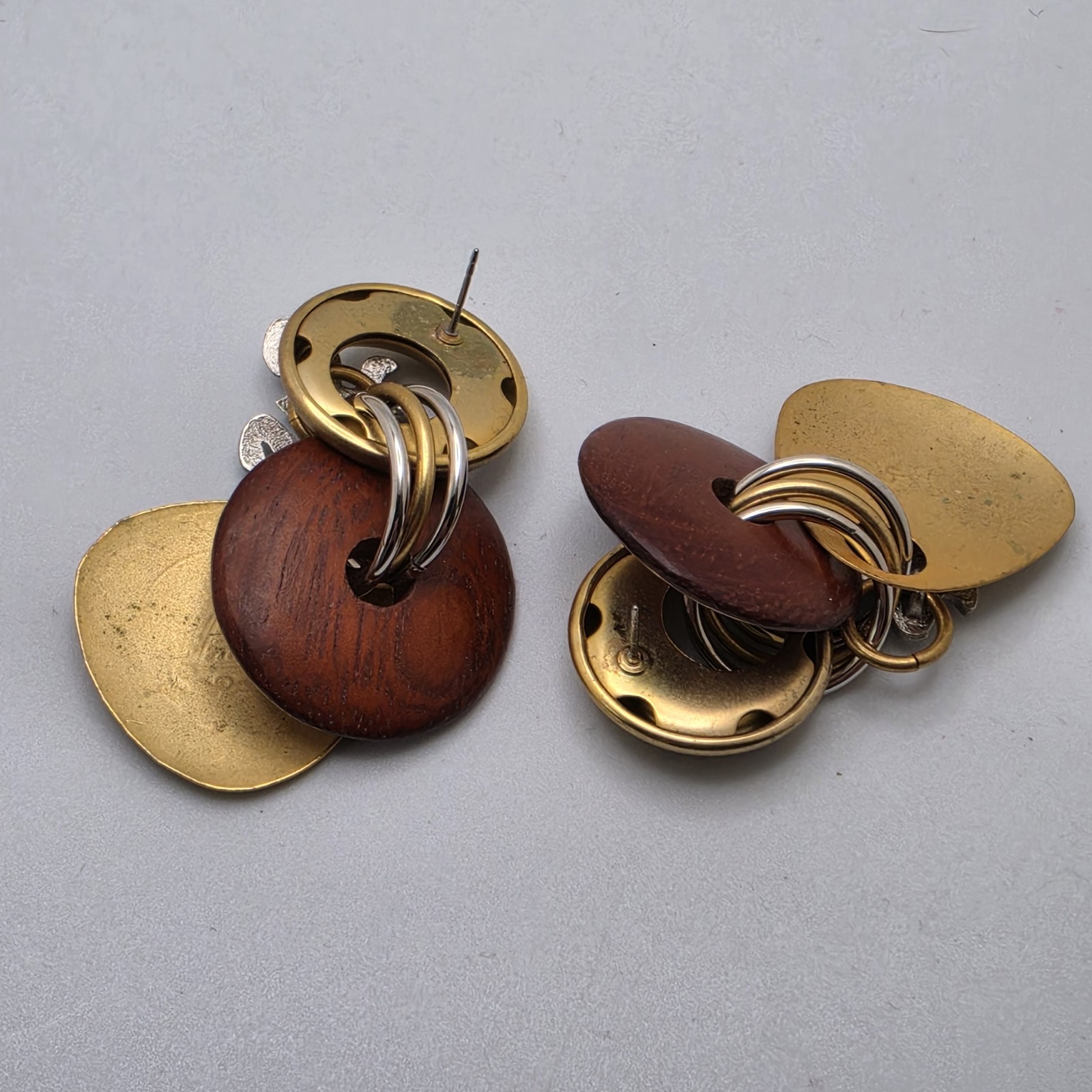 Boho Frog Earrings Mixed Media Statement Drop Gold Silver Tone Pierced 1 1/8″