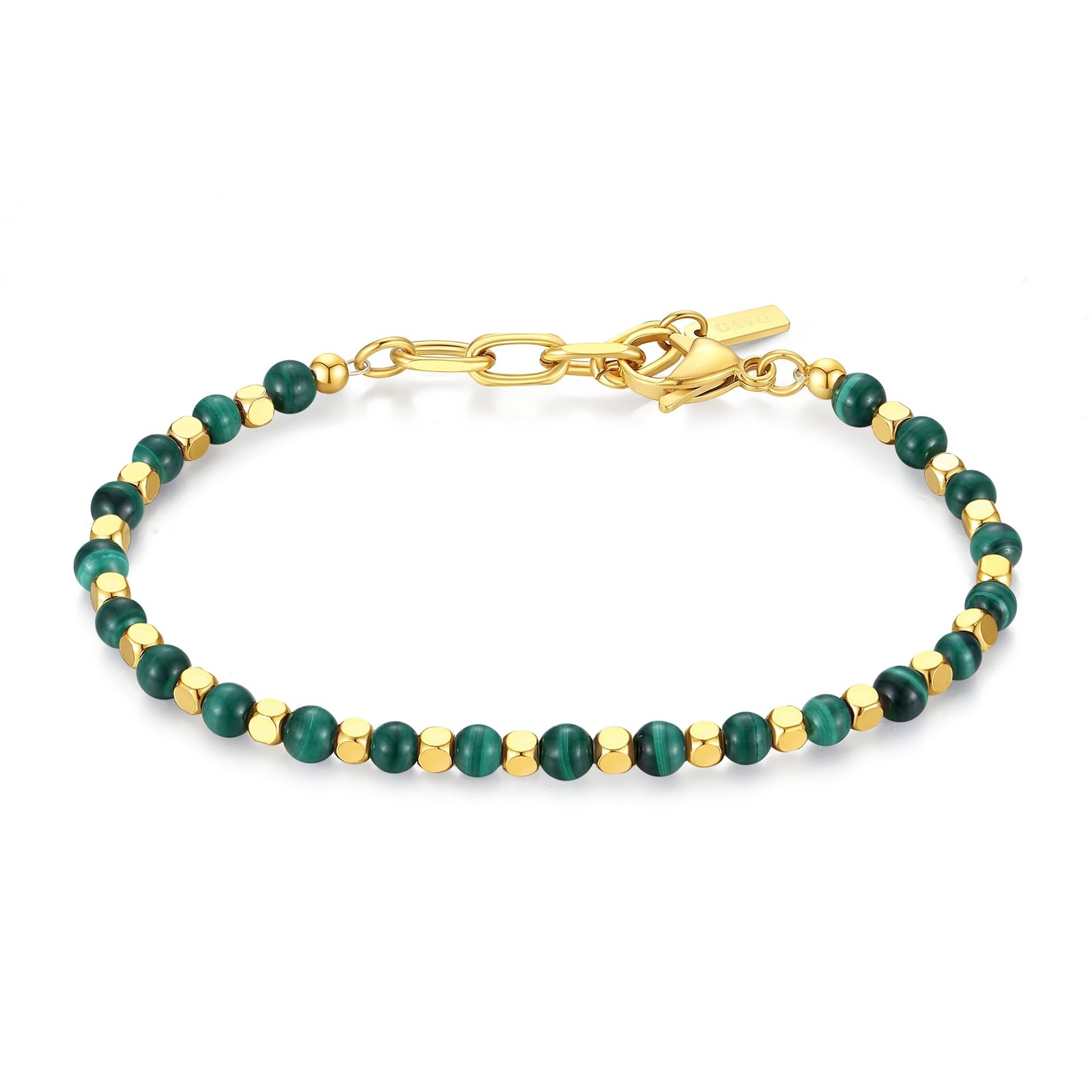 Mens Crystal Stone Malachite Bracelet for Men, 18K Gold Plated Bracelet for Men