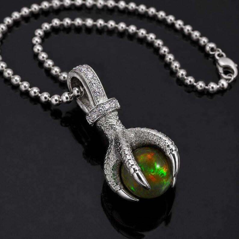 Natural Black Opal Sphere Pendant 925 Sterling Silver White Moissanite Claw