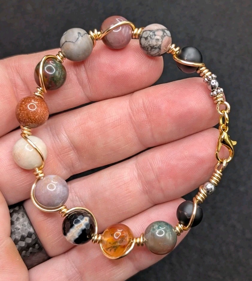 Women’s Fall Boho Gemstone 10mm Beaded Copper Wire Bracelet (16cm) Small Wrist