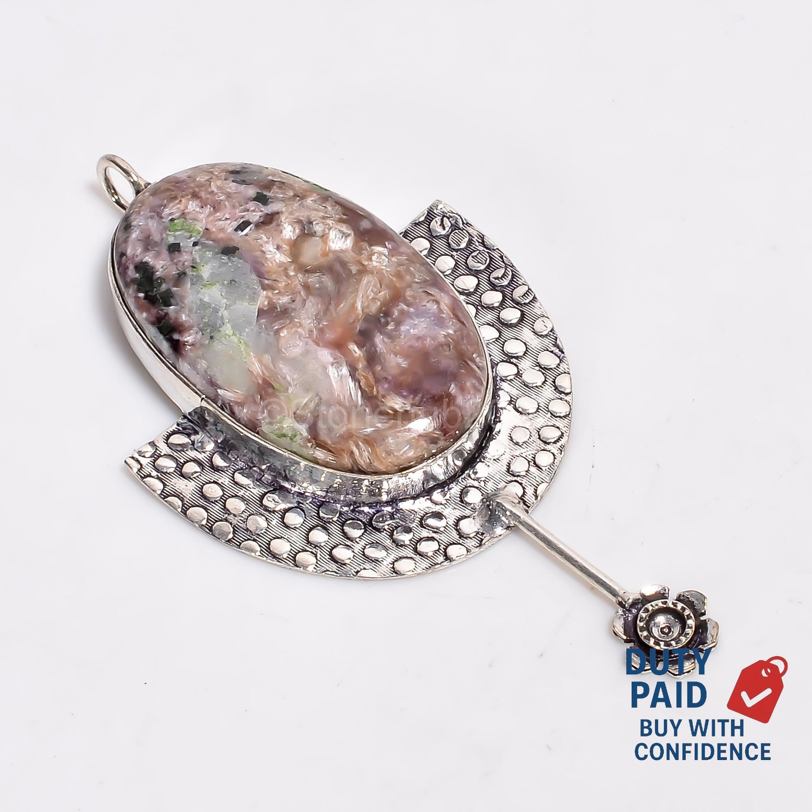 Oval Third Eye Chakra Natural Charoite 925 Silver Daughter Channel Set Pendant