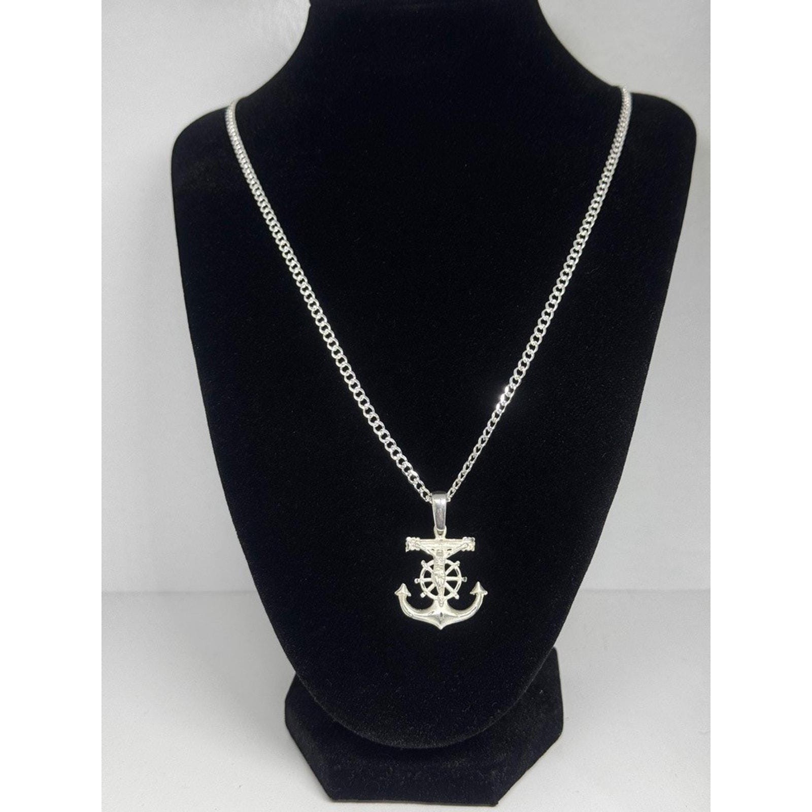 Sterling Silver Anchor Crucifix Pendant Necklace 24 Inch Curb Chain 11g